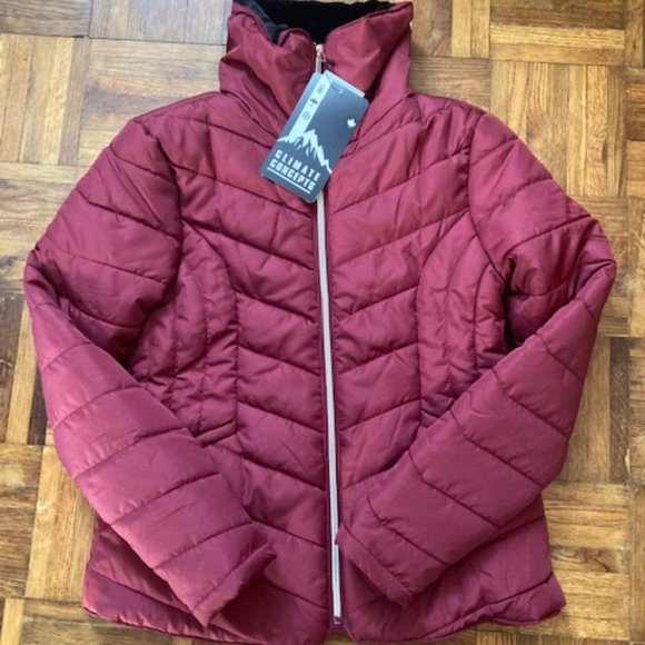 NWT Climate Concepts Puffer Winter Jacket in in Burgundy with Faux Fur, Size Med - Picture 9 of 9